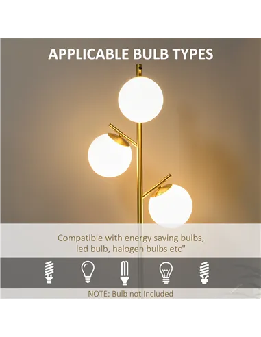 HOMCOM 3-Light Tree Floor Lamps for Living Room, Modern Standing Lamp for Bedroom with Globe Lampshade, Steel Base, Bulb not Inc