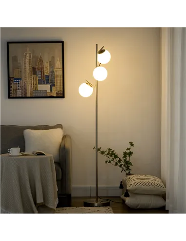 HOMCOM 3-Light Tree Floor Lamps for Living Room, Modern Standing Lamp for Bedroom with Globe Lampshade, Steel Base, Bulb not Inc