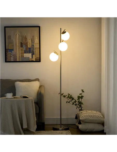 HOMCOM 3-Light Tree Floor Lamps for Living Room, Modern Standing Lamp for Bedroom with Globe Lampshade, Steel Base, Bulb not Inc