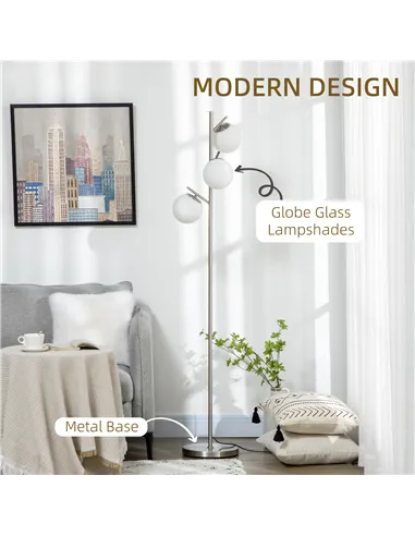 HOMCOM 3-Light Tree Floor Lamps for Living Room, Modern Standing Lamp for Bedroom with Globe Lampshade, Steel Base, Bulb not Inc