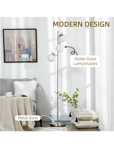 HOMCOM 3-Light Tree Floor Lamps for Living Room, Modern Standing Lamp for Bedroom with Globe Lampshade, Steel Base, Bulb not Inc