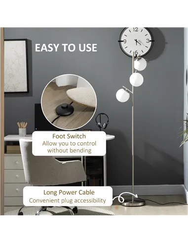 HOMCOM 3-Light Tree Floor Lamps for Living Room, Modern Standing Lamp for Bedroom with Globe Lampshade, Steel Base, Bulb not Inc