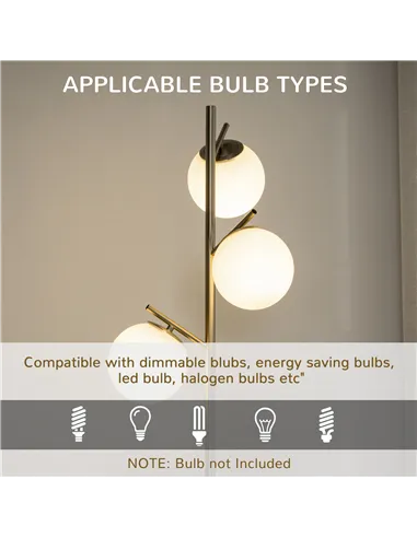 HOMCOM 3-Light Tree Floor Lamps for Living Room, Modern Standing Lamp for Bedroom with Globe Lampshade, Steel Base, Bulb not Inc