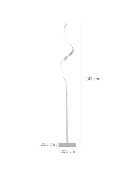 HOMCOM Dimmable Floor Lamp for Living Room, Modern Spiral Standing Lamp with 3 Adjustable Brightness and Square Base, Silver