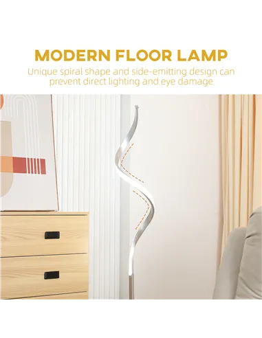 HOMCOM Dimmable Floor Lamp for Living Room, Modern Spiral Standing Lamp with 3 Adjustable Brightness and Square Base, Silver