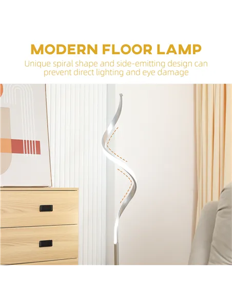 HOMCOM Dimmable Floor Lamp for Living Room, Modern Spiral Standing Lamp with 3 Adjustable Brightness and Square Base, Silver