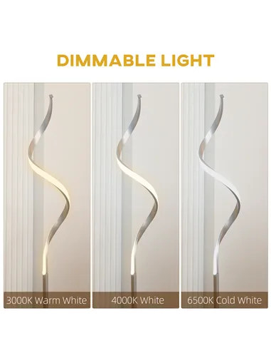 HOMCOM Dimmable Floor Lamp for Living Room, Modern Spiral Standing Lamp with 3 Adjustable Brightness and Square Base, Silver