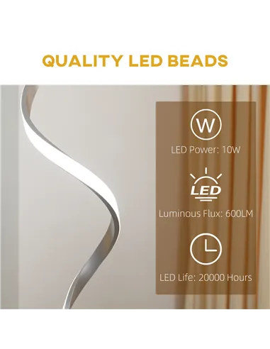 HOMCOM Dimmable Floor Lamp for Living Room, Modern Spiral Standing Lamp with 3 Adjustable Brightness and Square Base, Silver