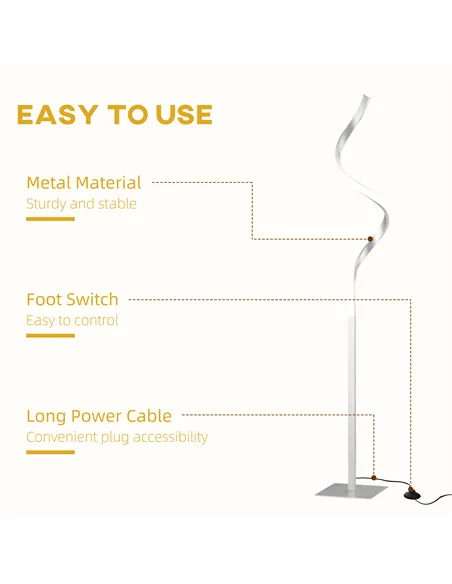 HOMCOM Dimmable Floor Lamp for Living Room, Modern Spiral Standing Lamp with 3 Adjustable Brightness and Square Base, Silver
