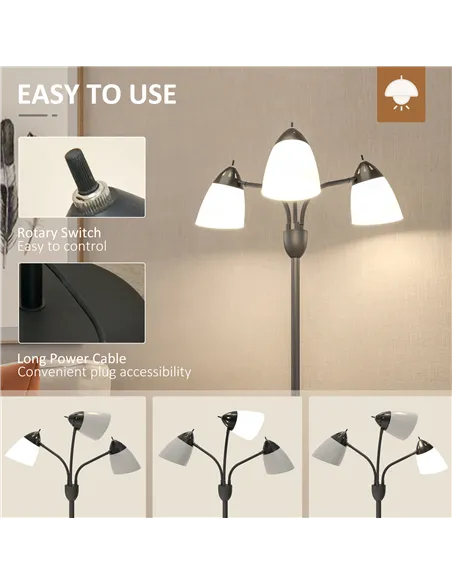HOMCOM Arc Tree Floor Lamp with 3 Adjustable Rotating Lights, Industrial Standing Lamp with Steel Frame for Bedroom Living Room,