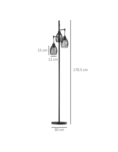 HOMCOM 3-Light Floor Lamp, 170cm Industrial Dimmable Standing Lamp with Steel Wire Cage Lampshades for Living Room, Bedroom, Din