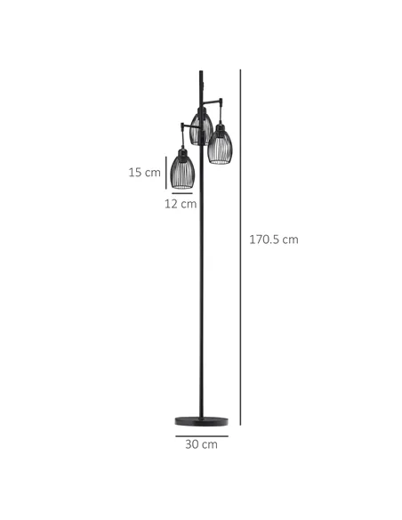 HOMCOM 3-Light Floor Lamp, 170cm Industrial Dimmable Standing Lamp with Steel Wire Cage Lampshades for Living Room, Bedroom, Din