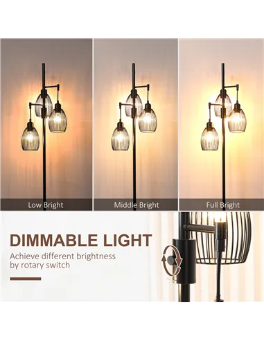 HOMCOM 3-Light Floor Lamp, 170cm Industrial Dimmable Standing Lamp with Steel Wire Cage Lampshades for Living Room, Bedroom, Din