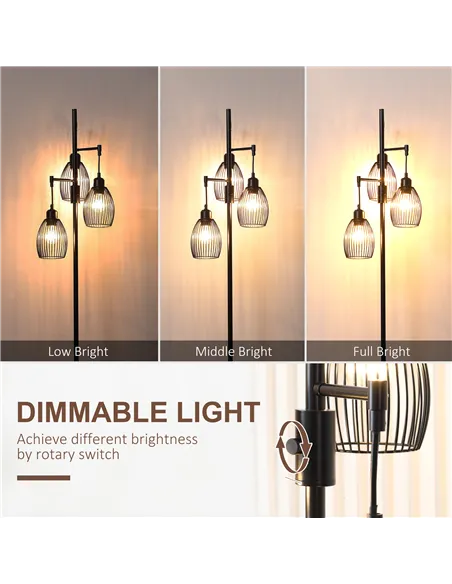 HOMCOM 3-Light Floor Lamp, 170cm Industrial Dimmable Standing Lamp with Steel Wire Cage Lampshades for Living Room, Bedroom, Din
