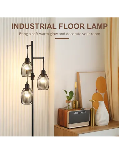 HOMCOM 3-Light Floor Lamp, 170cm Industrial Dimmable Standing Lamp with Steel Wire Cage Lampshades for Living Room, Bedroom, Din