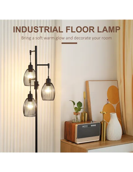 HOMCOM 3-Light Floor Lamp, 170cm Industrial Dimmable Standing Lamp with Steel Wire Cage Lampshades for Living Room, Bedroom, Din