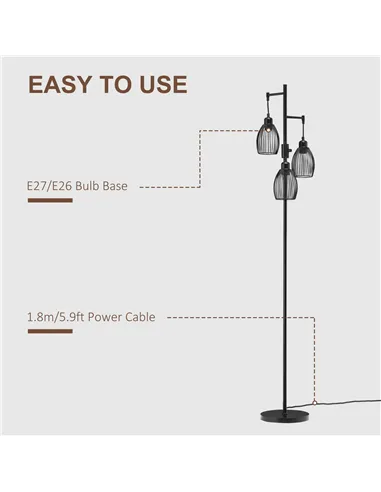 HOMCOM 3-Light Floor Lamp, 170cm Industrial Dimmable Standing Lamp with Steel Wire Cage Lampshades for Living Room, Bedroom, Din