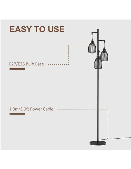 HOMCOM 3-Light Floor Lamp, 170cm Industrial Dimmable Standing Lamp with Steel Wire Cage Lampshades for Living Room, Bedroom, Din