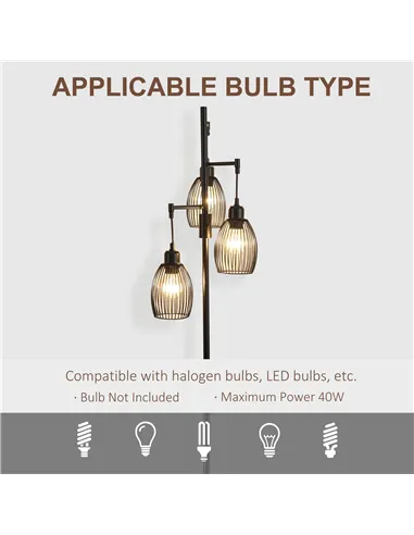 HOMCOM 3-Light Floor Lamp, 170cm Industrial Dimmable Standing Lamp with Steel Wire Cage Lampshades for Living Room, Bedroom, Din