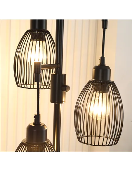 HOMCOM 3-Light Floor Lamp, 170cm Industrial Dimmable Standing Lamp with Steel Wire Cage Lampshades for Living Room, Bedroom, Din