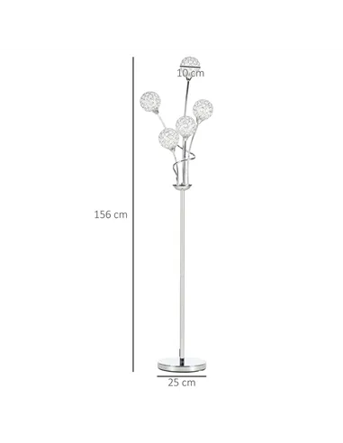 HOMCOM Crystal Floor Lamps for Living Room Bedroom with 5 Light, Modern Upright Standing Lamp, 34x25x156cm, Silver
