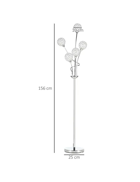 HOMCOM Crystal Floor Lamps for Living Room Bedroom with 5 Light, Modern Upright Standing Lamp, 34x25x156cm, Silver