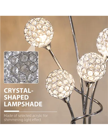 HOMCOM Crystal Floor Lamps for Living Room Bedroom with 5 Light, Modern Upright Standing Lamp, 34x25x156cm, Silver