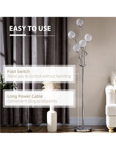 HOMCOM Crystal Floor Lamps for Living Room Bedroom with 5 Light, Modern Upright Standing Lamp, 34x25x156cm, Silver