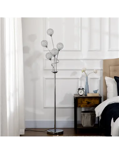 HOMCOM Crystal Floor Lamps for Living Room Bedroom with 5 Light, Modern Upright Standing Lamp, 34x25x156cm, Silver