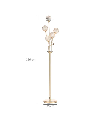 HOMCOM Crystal Floor Lamps for Living Room Bedroom with 5 Light, Modern Upright Standing Lamp, 34x25x156cm, Gold Tone