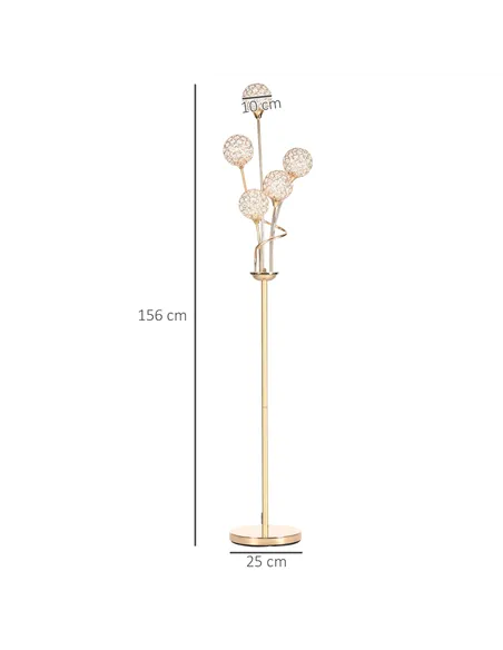 HOMCOM Crystal Floor Lamps for Living Room Bedroom with 5 Light, Modern Upright Standing Lamp, 34x25x156cm, Gold Tone