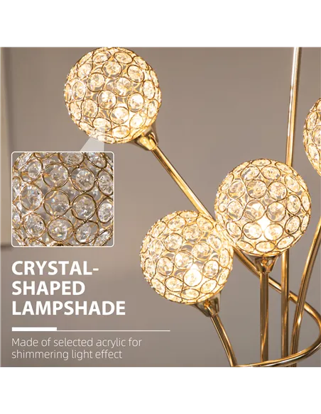 HOMCOM Crystal Floor Lamps for Living Room Bedroom with 5 Light, Modern Upright Standing Lamp, 34x25x156cm, Gold Tone