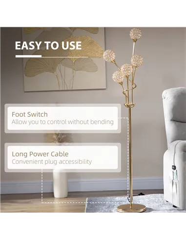 HOMCOM Crystal Floor Lamps for Living Room Bedroom with 5 Light, Modern Upright Standing Lamp, 34x25x156cm, Gold Tone