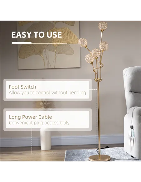 HOMCOM Crystal Floor Lamps for Living Room Bedroom with 5 Light, Modern Upright Standing Lamp, 34x25x156cm, Gold Tone