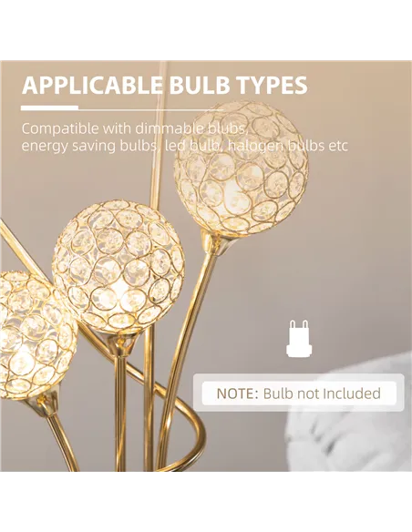 HOMCOM Crystal Floor Lamps for Living Room Bedroom with 5 Light, Modern Upright Standing Lamp, 34x25x156cm, Gold Tone