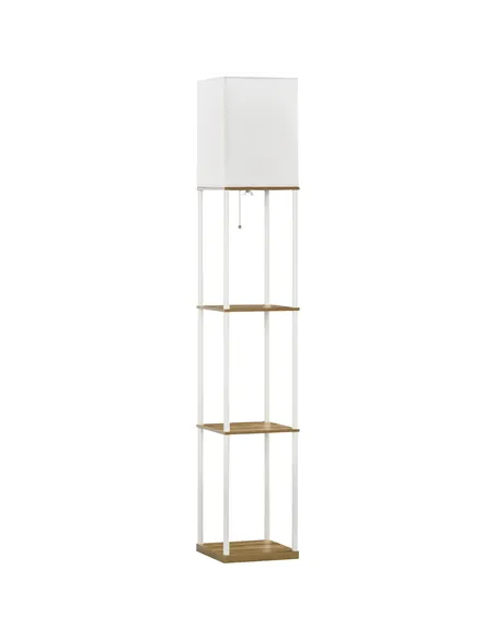 HOMCOM Modern Floor Lamp with Shelves, 3 Layer Shelf Tall Standing Lamp with Fabric Lampshade, Pull Chain Switch for Living Room