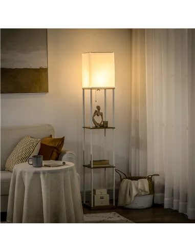 HOMCOM Modern Floor Lamp with Shelves, 3 Layer Shelf Tall Standing Lamp with Fabric Lampshade, Pull Chain Switch for Living Room