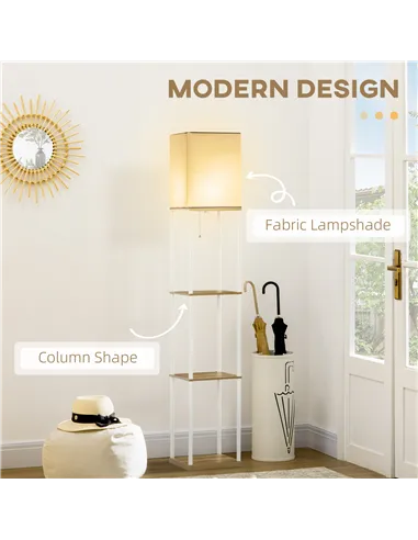 HOMCOM Modern Floor Lamp with Shelves, 3 Layer Shelf Tall Standing Lamp with Fabric Lampshade, Pull Chain Switch for Living Room