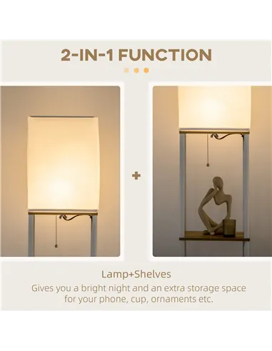 HOMCOM Modern Floor Lamp with Shelves, 3 Layer Shelf Tall Standing Lamp with Fabric Lampshade, Pull Chain Switch for Living Room