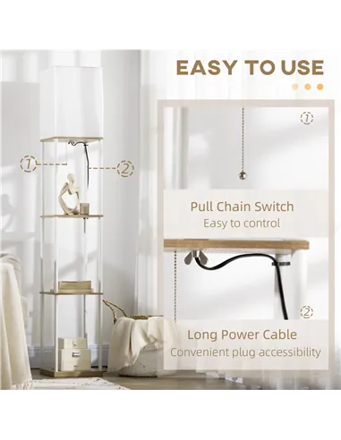 HOMCOM Modern Floor Lamp with Shelves, 3 Layer Shelf Tall Standing Lamp with Fabric Lampshade, Pull Chain Switch for Living Room