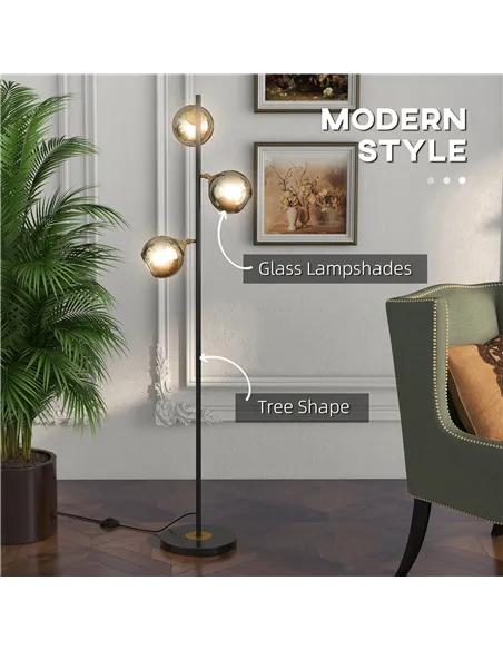 HOMCOM Tree Floor Lamp for Living Room Bedroom with 3 Light, Modern Standing Lamp, (Bulb not Included), 162cm, Grey