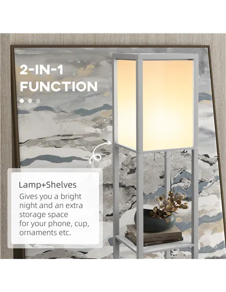 HOMCOM Modern Shelf Floor Lamp with Dual Ambient Light, Standing Lamp Living Room, Bedroom, 156cm, Grey