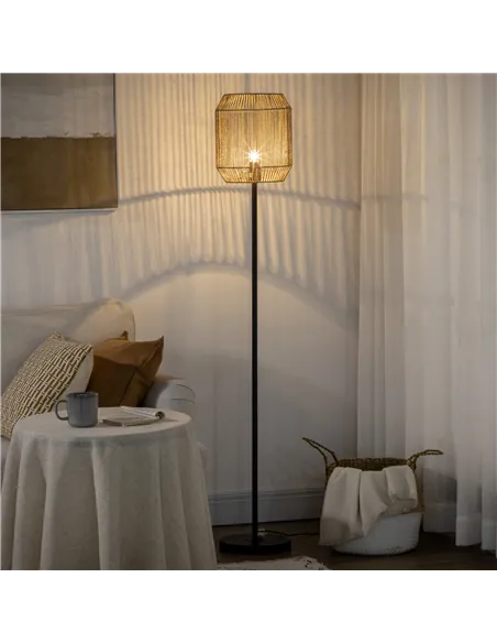 HOMCOM Farmhouse Standing Lamp, Floor Lamps with Hand Woven Rattan Lampshade for Living Room