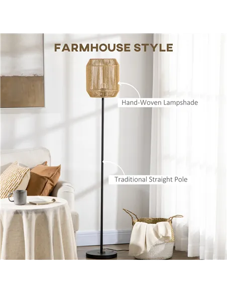 HOMCOM Farmhouse Standing Lamp, Floor Lamps with Hand Woven Rattan Lampshade for Living Room