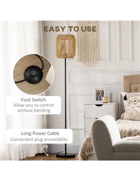HOMCOM Farmhouse Standing Lamp, Floor Lamps with Hand Woven Rattan Lampshade for Living Room