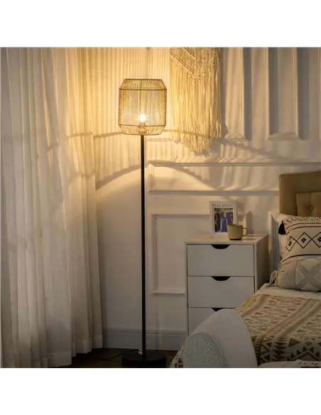 HOMCOM Farmhouse Standing Lamp, Floor Lamps with Hand Woven Rattan Lampshade for Living Room
