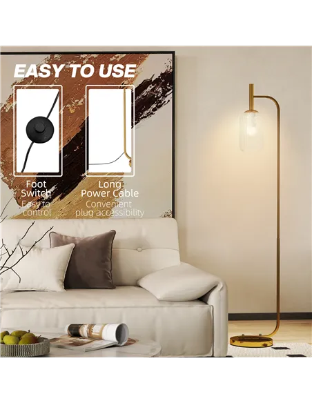 HOMCOM Floor Lamp for Living Room with Glass Lampshade, Modern Standing Lamp with Foot Switch for Bedroom, Bulb not Included, Go