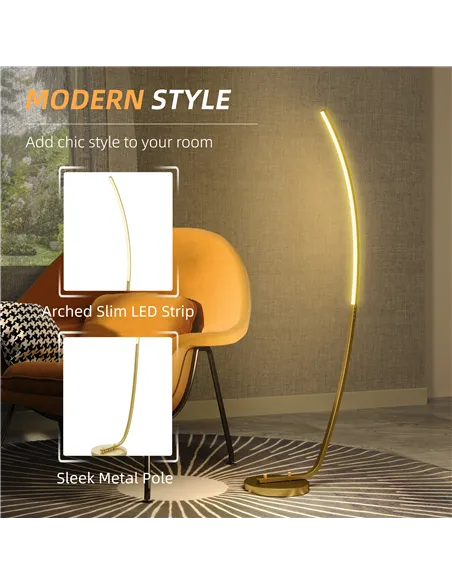 HOMCOM Modern 147cm Curved LED Floor Lamp - Gold Tone