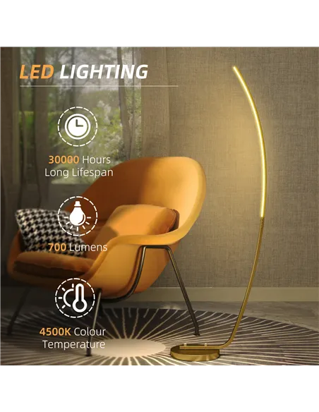 HOMCOM Modern 147cm Curved LED Floor Lamp - Gold Tone