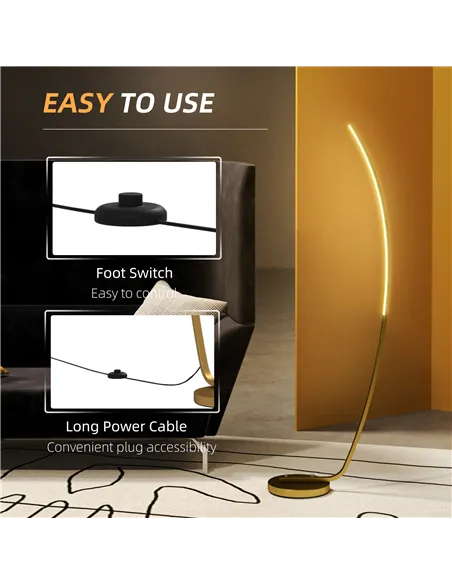 HOMCOM Modern 147cm Curved LED Floor Lamp - Gold Tone